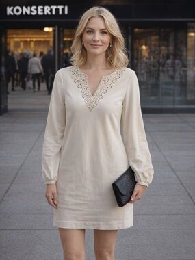 Trina Turk Cream Long-Sleeve Embellished V-Neck Dress